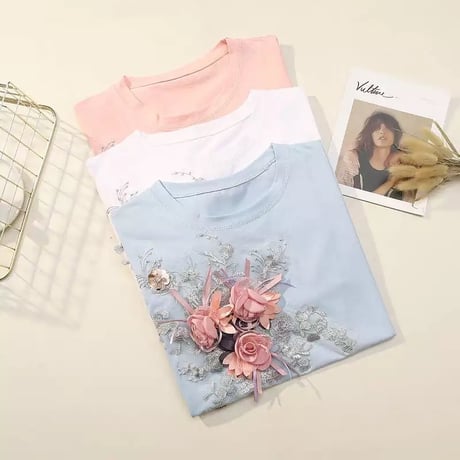 フラワーリボン ステッチTシャツ 3色展開