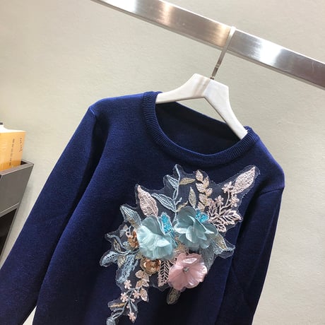 クラシックフラワーワッペンニット 4色展開