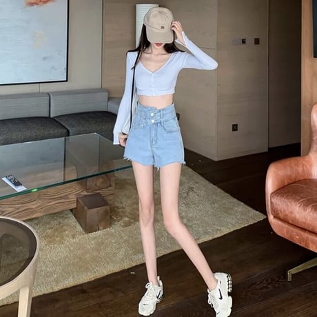 ダブルベルトデザイン ショートデニムパンツ 2色展開