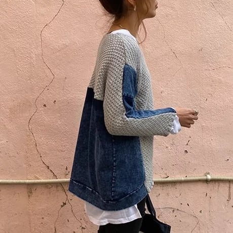 バックデニム切り替えデザインニット