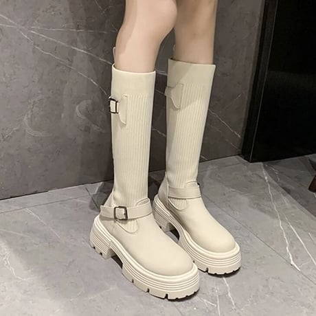 ベルトデザイン ラウンドトゥソックスブーツ 3色展開