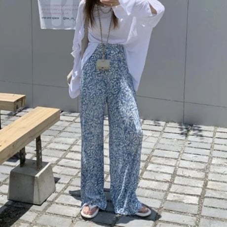 ブルーフラワー カジュアルリブパンツ