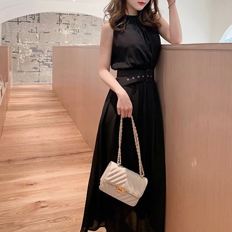 ウエストベルト シフォンノースリーブワンピース 2色展開