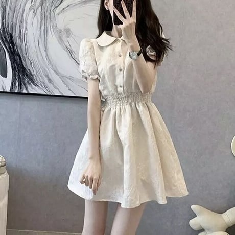ウエストギャザー パフスリーブミニワンピース