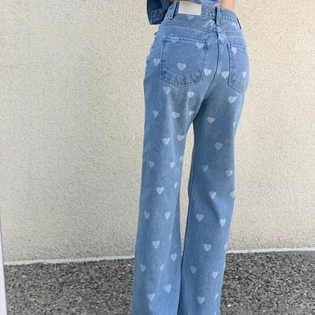 ハートプリント ハイウエストデニムパンツ