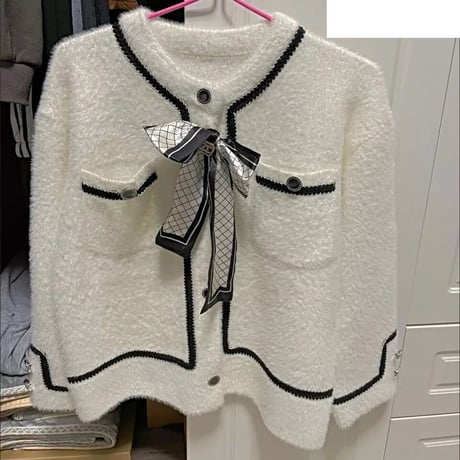 スカーフ付き ブラックラインモヘアカーディガン 3色展開