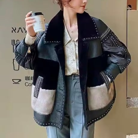 ラムウールスタッズステッチレザージャケット