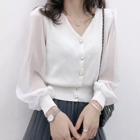 シフォンスリーブ パールボタントップス 5色展開