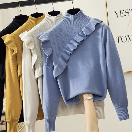 【Blue即納】ハーフフリル タートルネックニット 3色展開