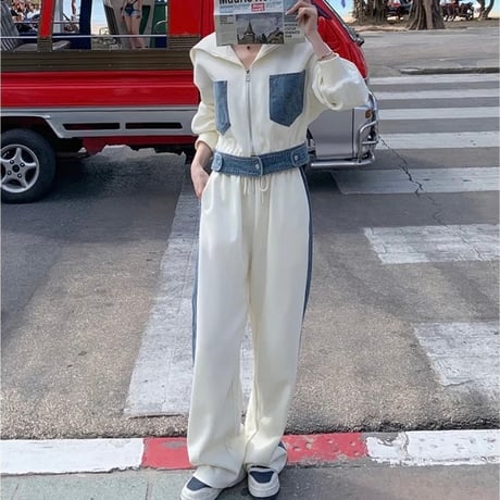 デニムパッチワーク スウェットセットアップ 2色展開