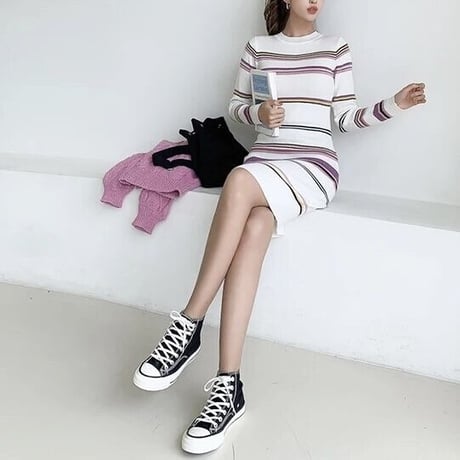 マルチストライプ ニットミニワンピース 2色展開