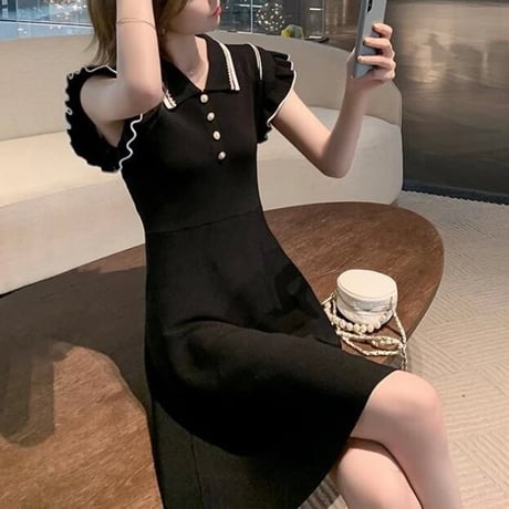 ラインフリル カラーニットワンピース 2色展開