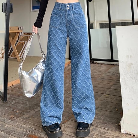 クロスデザイン ハイウエストデニムパンツ 2色展開