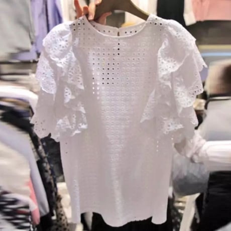 ボリュームスリーブフリル メッシュトップス 2色展開