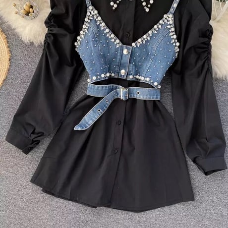 パールブラウス デニムビスチェセット 2色展開
