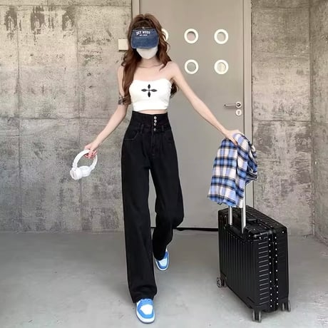 ハイウエストブラックデニムパンツ