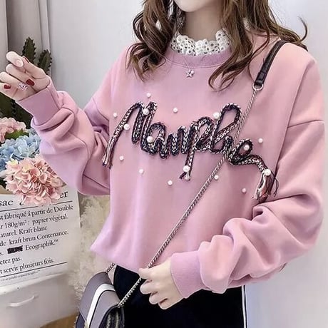 レースネック ステッチパールメッセージトップス 2色展開