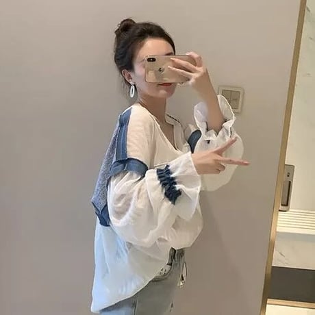 デニムパッチワーク シフォンブラウス