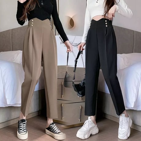 ハイウエスト ゴールドボタンタックパンツ 2色展開