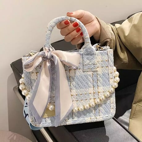 パールストラップ ツイードスカーフバッグ 2色展開
