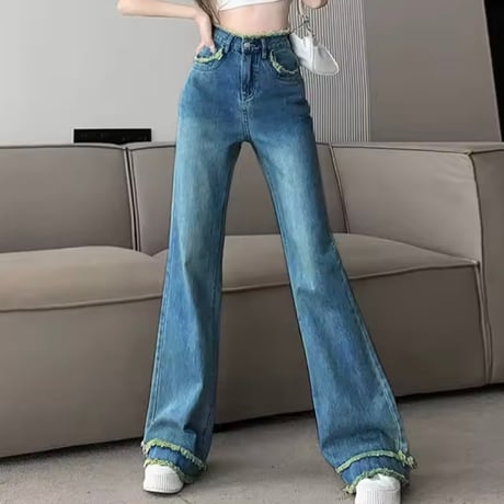 フリンジハイウエストデニムパンツ 4色展開