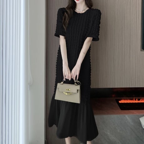 ワッフルシフォンヘム ロングワンピース 2色展開
