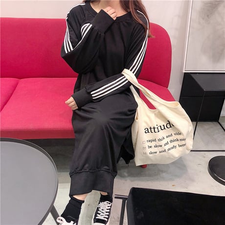 ラインスリーブ サイドスリットルーズワンピース 3色展開