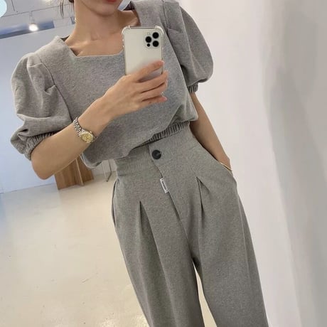 パフスリーブトップス ワイドタックパンツセット 3色展開
