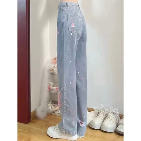 ピンクダメージペイントデニムパンツ
