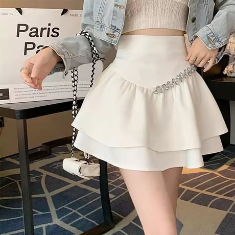 ビジューポイント ハイウエストフリルスカート 2色展開
