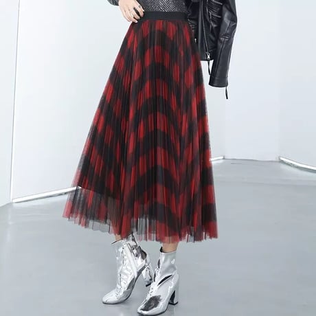 チェックメッシュ プリーツスカート 3色展開