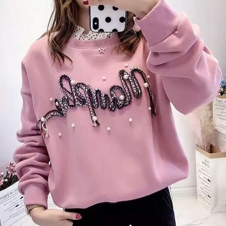 レースネック ステッチパールメッセージトップス 2色展開