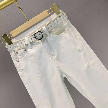 シルバーリベット ダメージホワイトパンツ