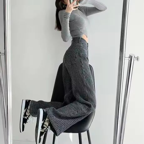 ワッフルハイウエストデニムパンツ 2色展開