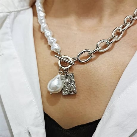 パールチェーン プレートネックレス 2色展開