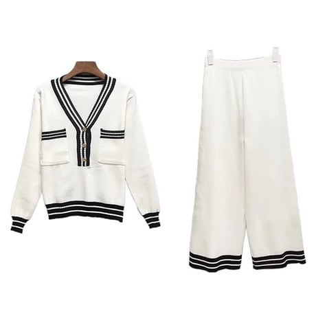 Vネックストライプライン セットアップ 2色展開