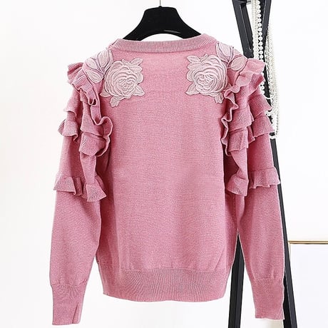 【Pink Lサイズ即納】フリルチーターワッペンニット 2色展開