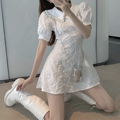パールネック ジャガードミニワンピース 2色展開
