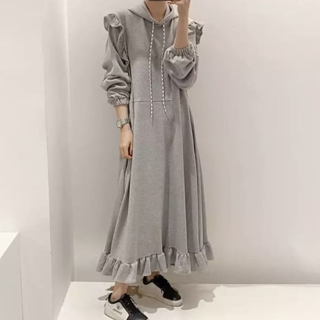 フリルスウェット パーカーマキシワンピース 2色展開