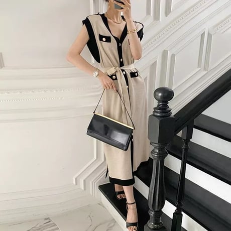 【Black即納】バイカラー ゴールドボタン ロングベスト 2色展開