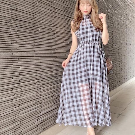 チェックロングワンピース