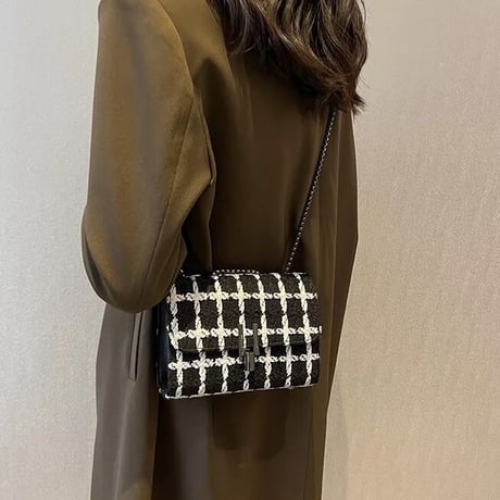 【サイズ2種類】モノクロツイード チェーンバッグ 2色展開