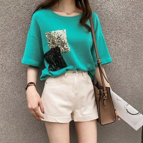 ダブルスクエア スパンコール Tシャツ 4色展開