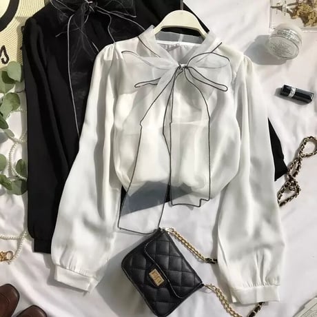 バイカラーシフォンリボン ブラウス 2色展開