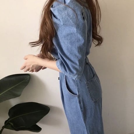 ウエストリボン パフスリーブデニムオールインワン