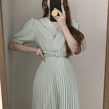 ベルト付き プリーツロングワンピース 3色展開