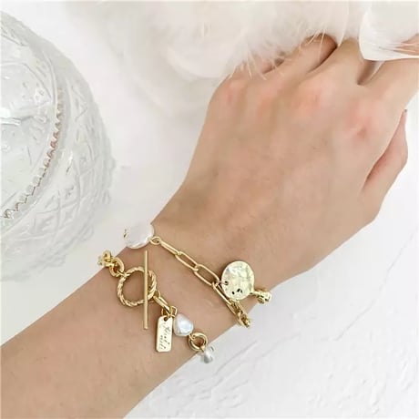 【即納】パールストーン ゴールドチェーンブレスレット