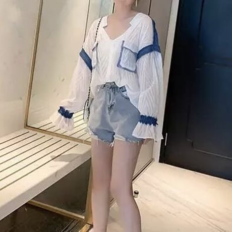 デニムパッチワーク シフォンブラウス