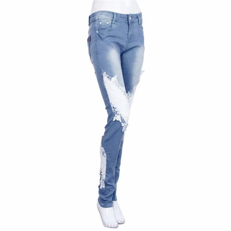 レースシースルー スキニーウォッシュデニムパンツ