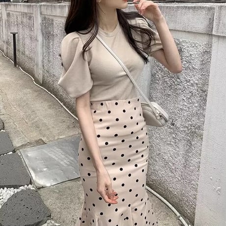 パフスリーブトップス ドットスカートセット 2色展開